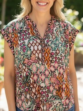 Hale Bob Pink Green Orange Floral Print Cap Sleeve Tunic 140